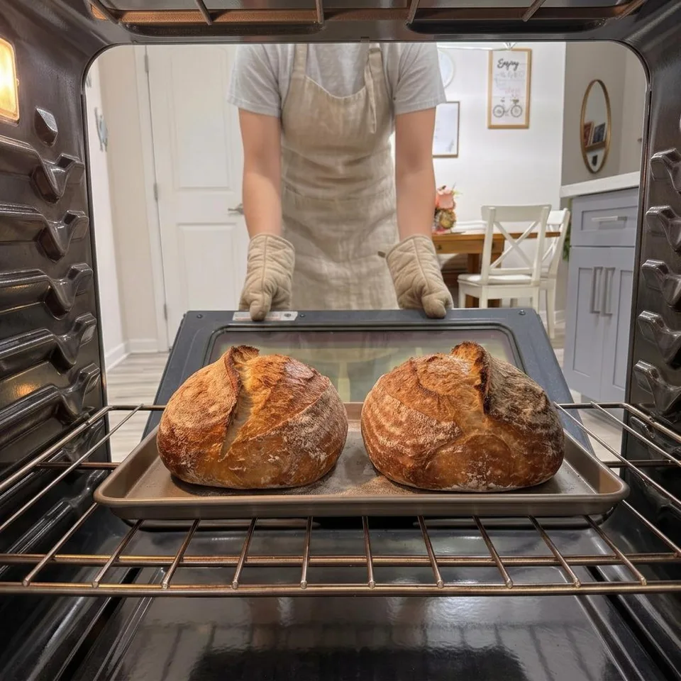 Two golden sourdough loaves in the oven as the baker opens the door.