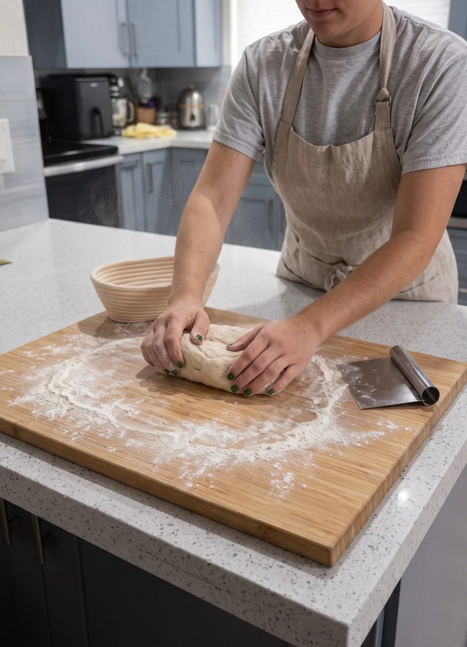The baker shaping sourdough by hand on a floured wooden board.
