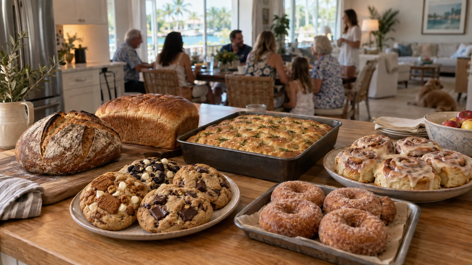 Fresh breads and pastries on a kitchen counter during a family gathering.