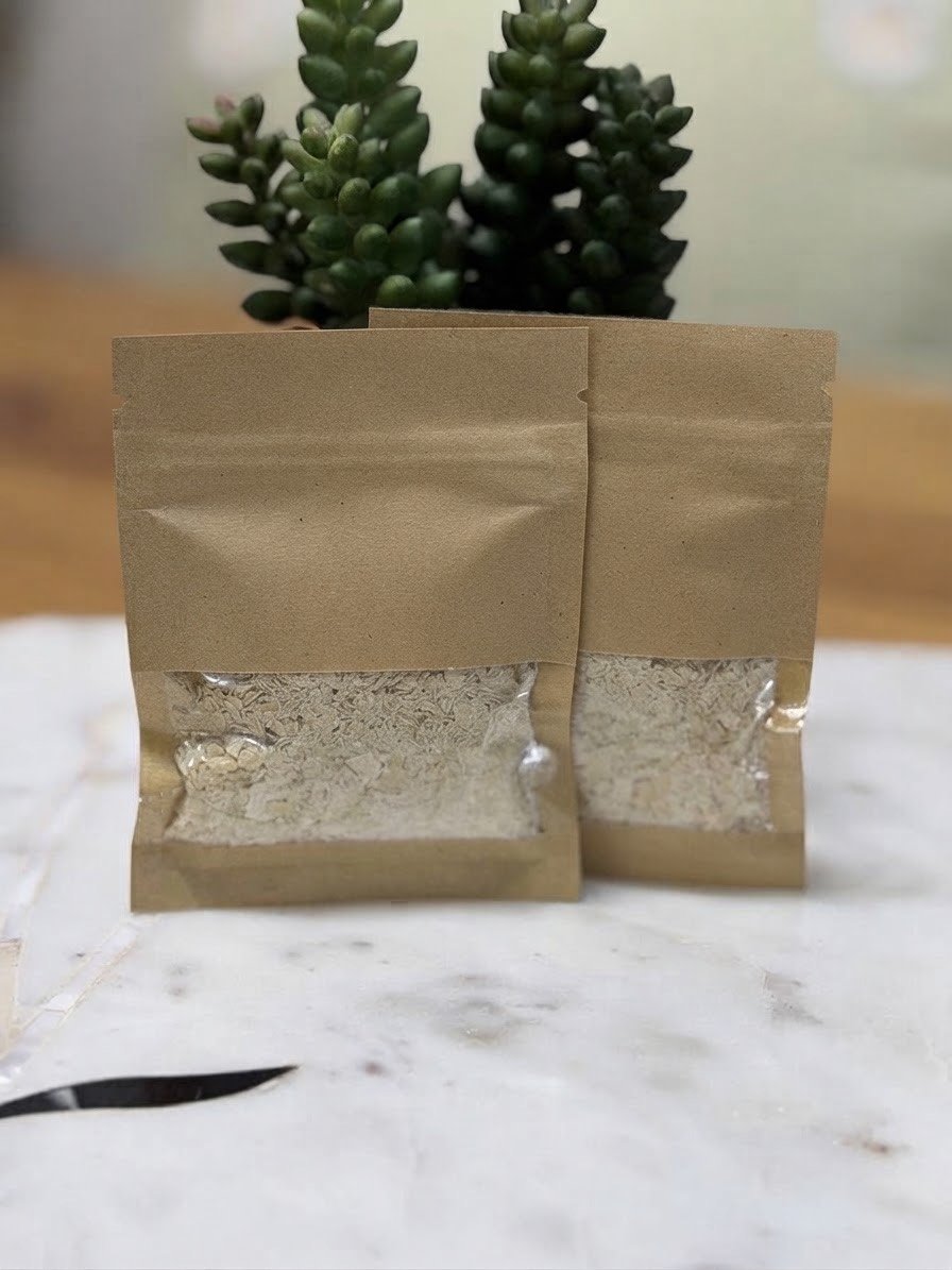 Two plain kraft packets of dehydrated sourdough starter
