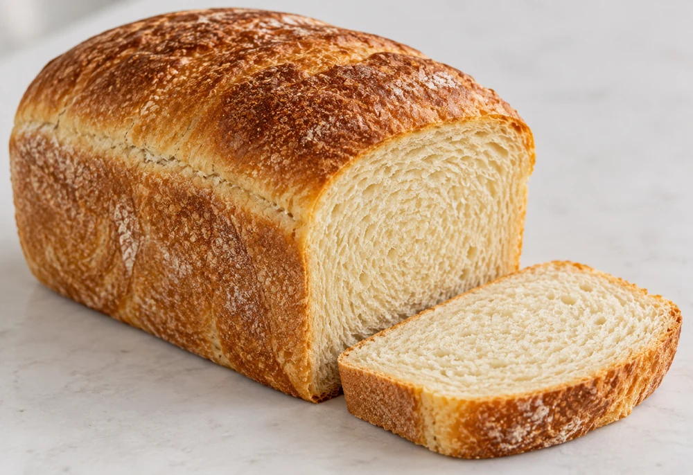 A golden sourdough sandwich loaf with one slice showing its tender crumb
